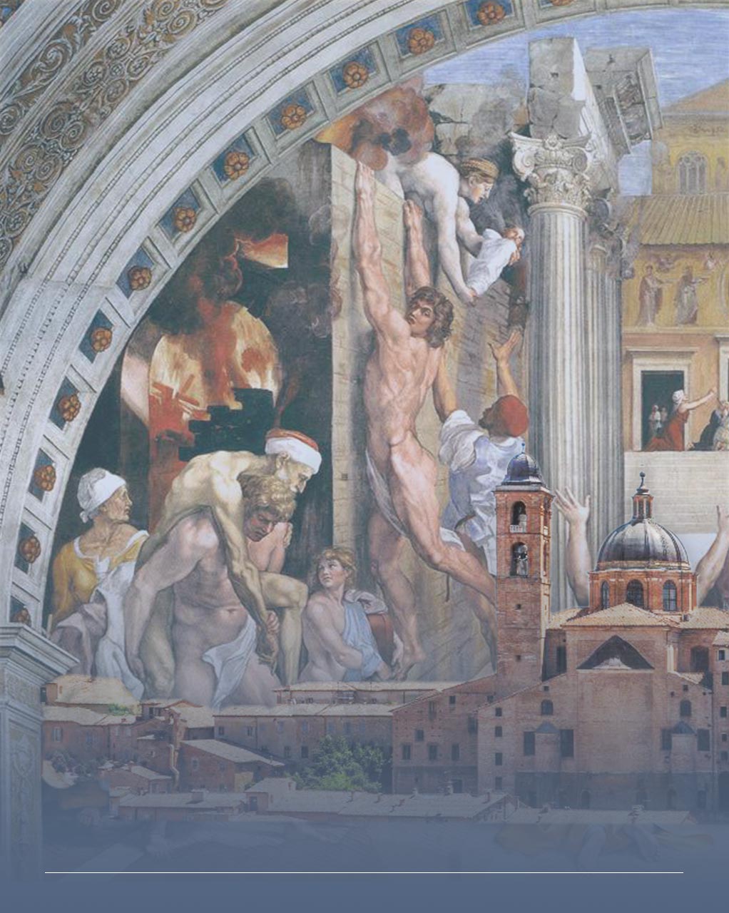 Immagine frontale del Palazzo Ducale di Urbino e di un dipinto di Raffaello 