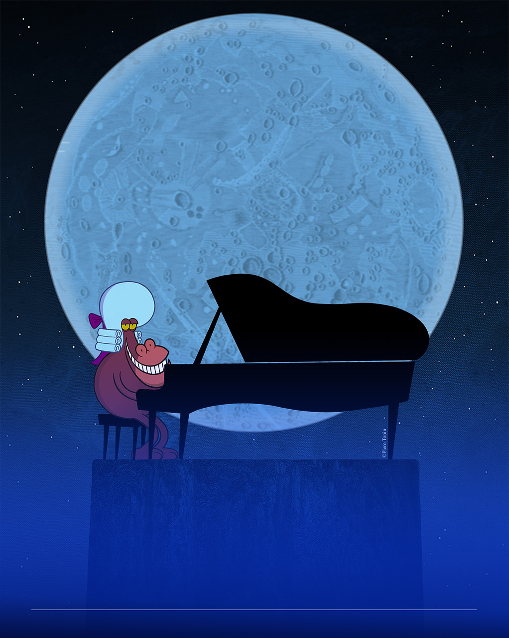 Immagine di un'illustrazione che ritrae un personaggio antropomorfo con la parrucca da Mozart che suona il pianoforte davanti a una luna piena